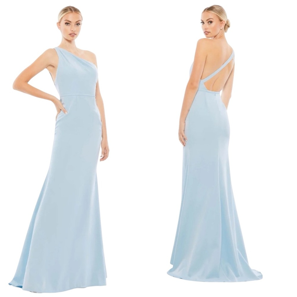 Mac Duggal Light Blue One-Shoulder Satin Maxi Dress